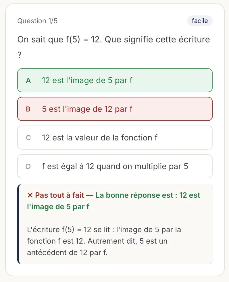 Capture d'écran d'une question de quiz avec sa correction affichée